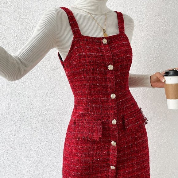 Red Preppy Womens Button Front Raw Hem Tweed Overall Dress - Picture 5 of 5